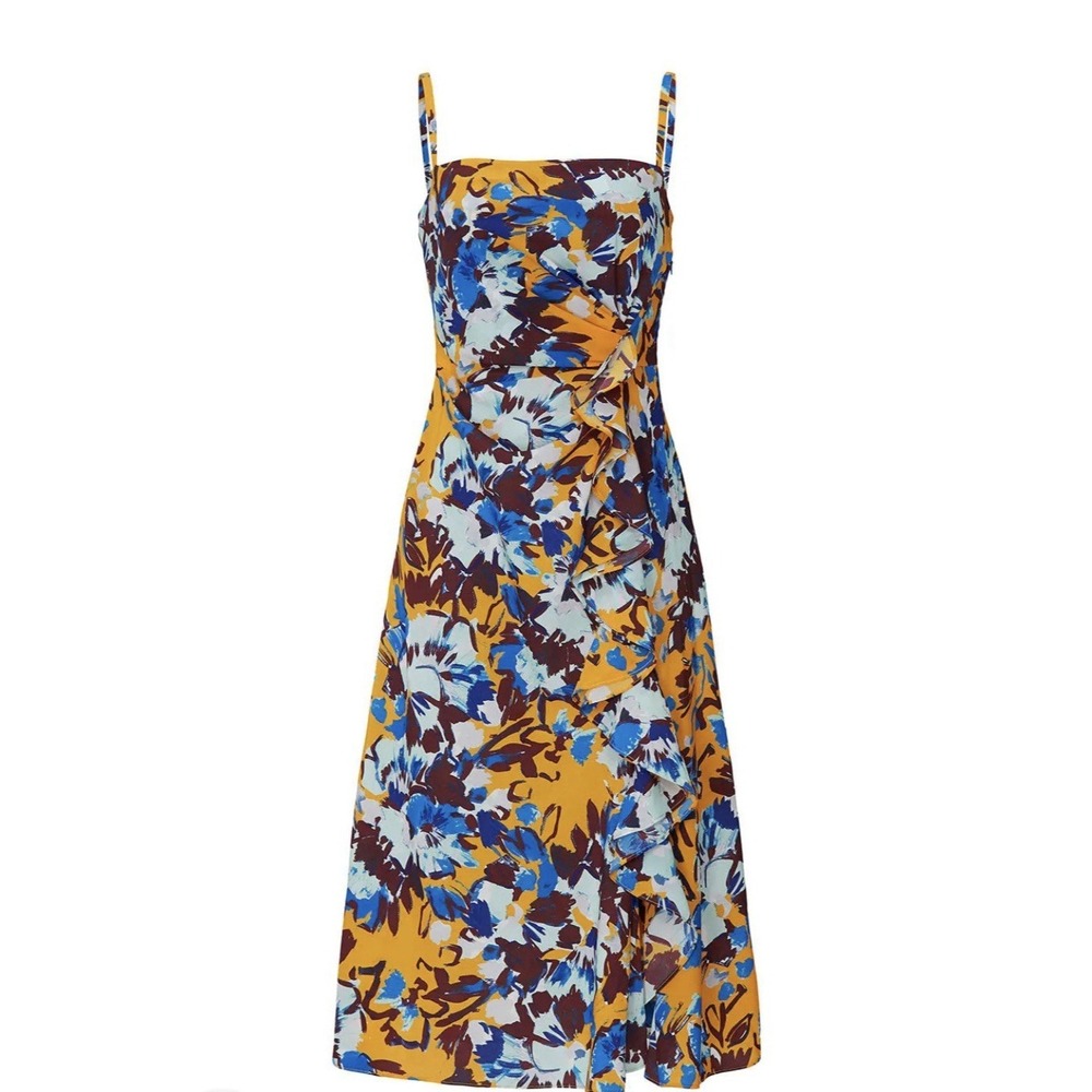 Prabal Gurung Women's Dress Ochre Floral Side Ruffle Dress Sz 8 Yellow Blue RTR
